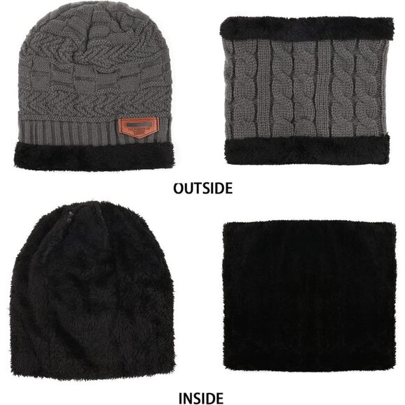 Kids Boys Girls Winter Warm Knit  Beanie Hat Cap Neck Scarf Set with Fleece - Picture 3 of 6